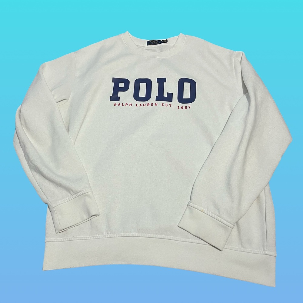 Polo Ralph Lauren Mens White Crewneck Sweatshirt Navy Blue Logo Est 1967 Size L